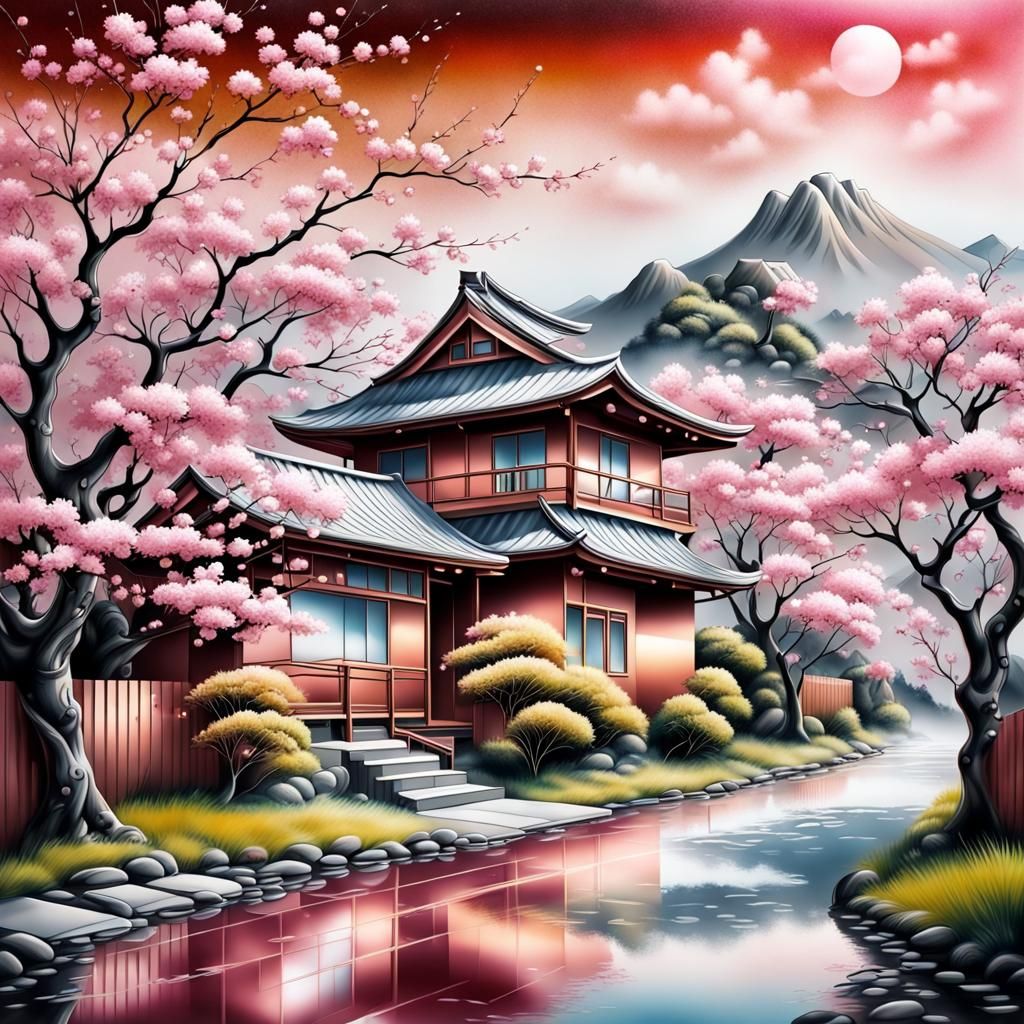 Metallic Japanese Landscape with Cherry Blossoms