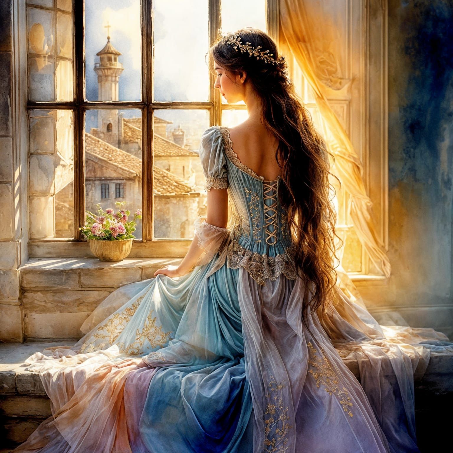 Princess Gazes From Castle Window Watercolor