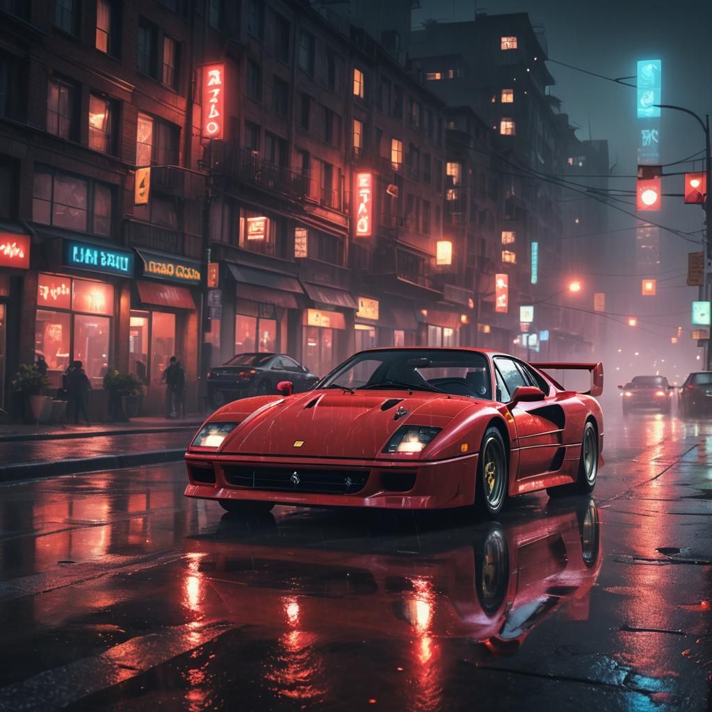 Red Ferrari F40 in Neon Cityscape
