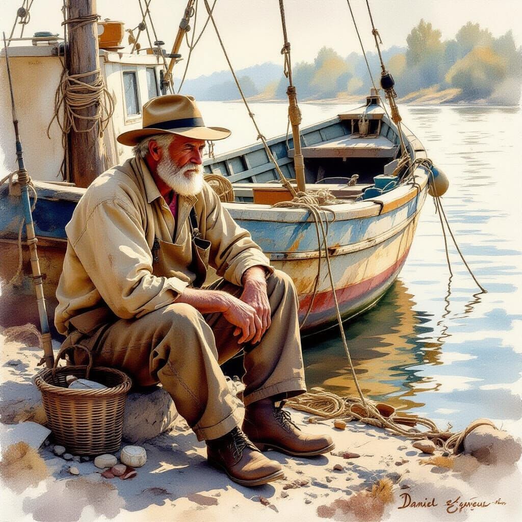 Serene Watercolor of Old Fisherman on Weathered Shore