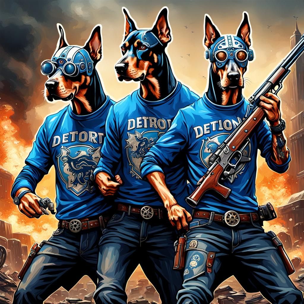 ZOMBIE FIGHTERS!! Three Dobermans wearing Detroit Lions shirts fighting zombies with shotguns