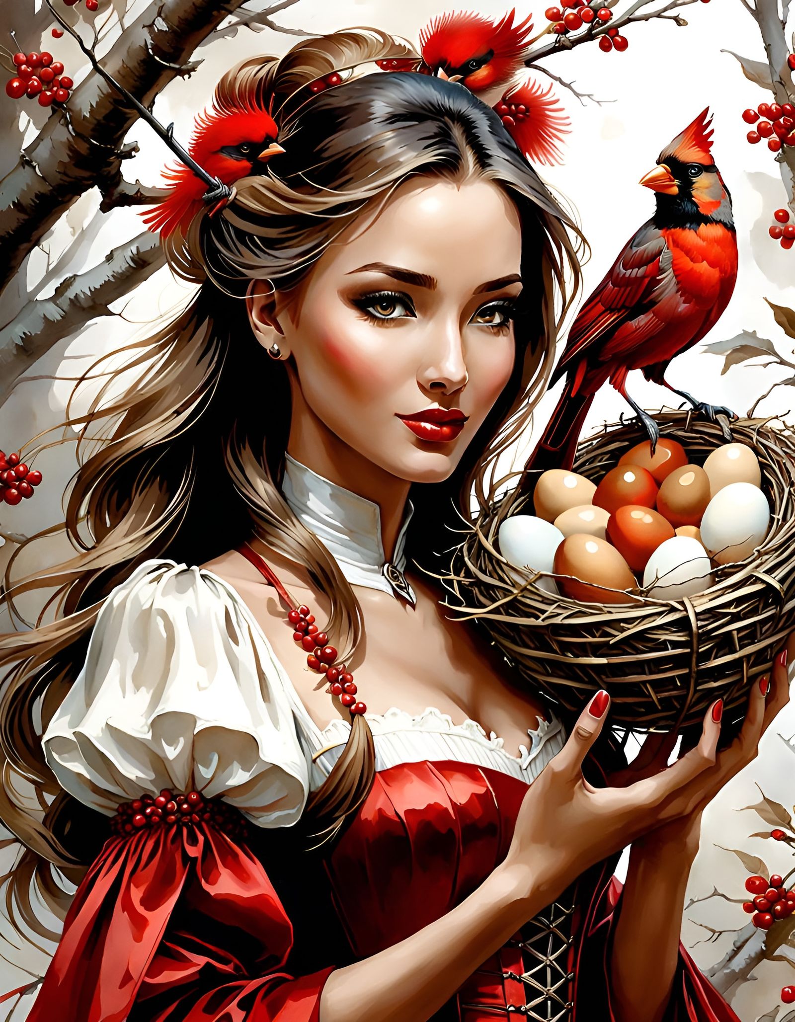 A Beautiful Girl with a Red Cardinal Nest