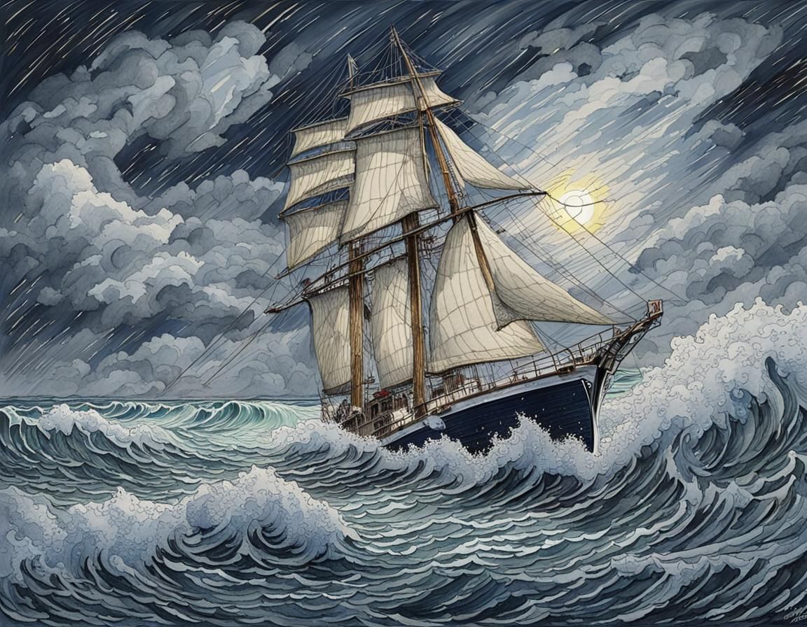 Sailboat in Storm: Watercolor Brush Pen Drawing