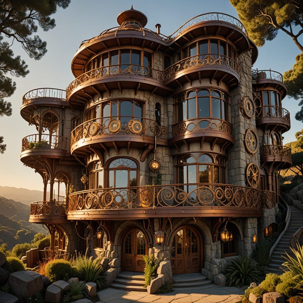Frank Lloyd Wright builds a steampunk tartarian cantilevered steampunk building in the Hollywood hills