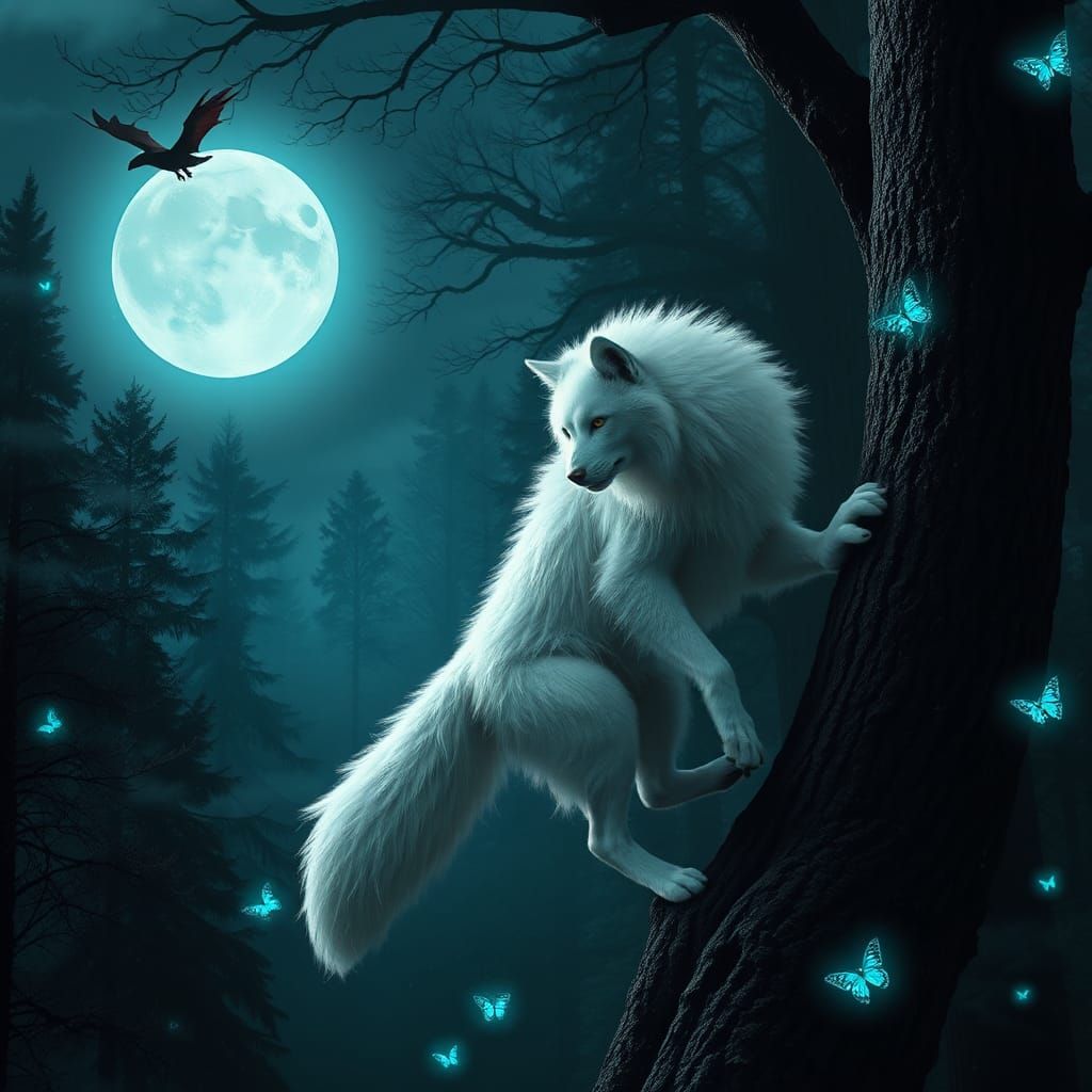 Werewolf-Angora Cat Hybrid in Moonlit Forest