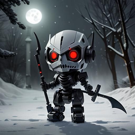Undead Chibi Robot in Winter, Watercolor Style
