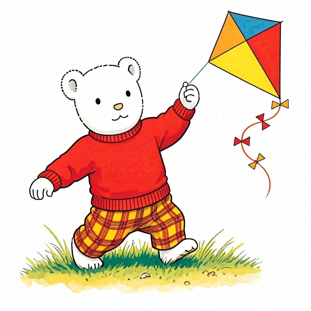 Rupert Bear, book illustration white anthropomorphic bear we...
