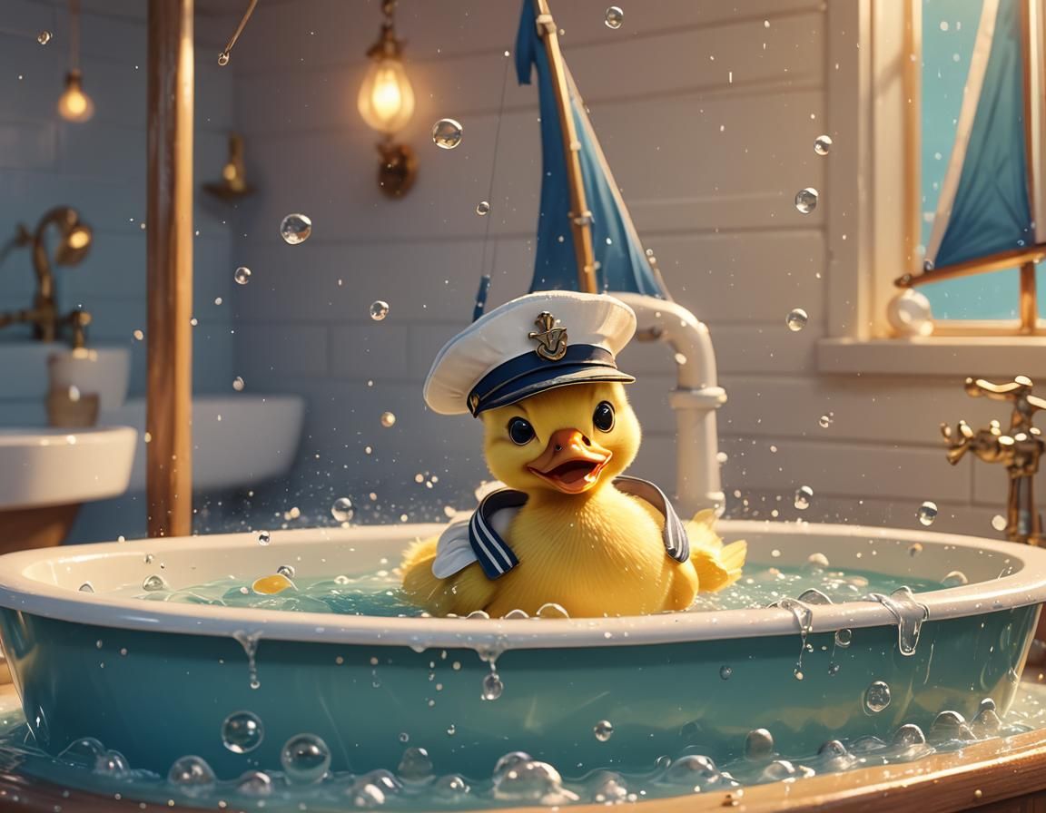 Duckling Sailor in Bathtub: Whimsical Cartoon Fantasy