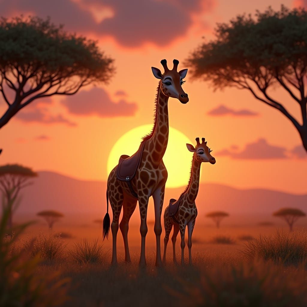 Mother and Baby Giraffe Sunset in 3D Realistic Style