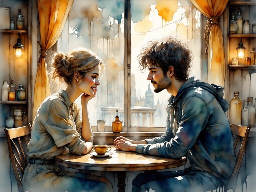 Whimsical Parisian Café Scene in Watercolor and Ink