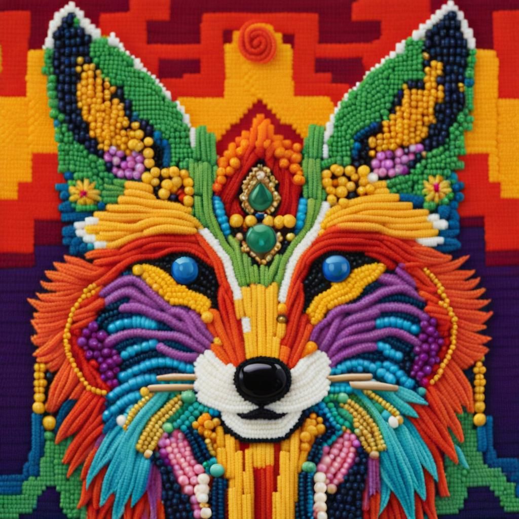 Magical Fox Artwork in Nierika Style with Aztec Symbols