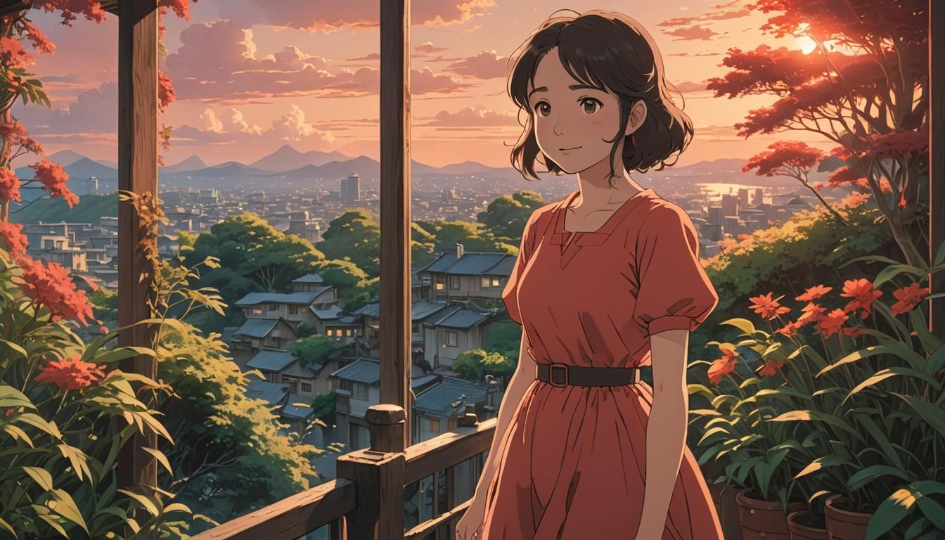 Beautiful Girl in Vibrant Red Dress Surrounded by Sunlit Com...