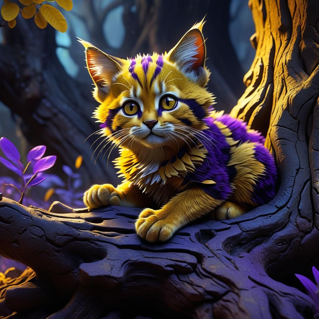 Mystical Cat on Ancient Tree Root in Dark Fantasy Style
