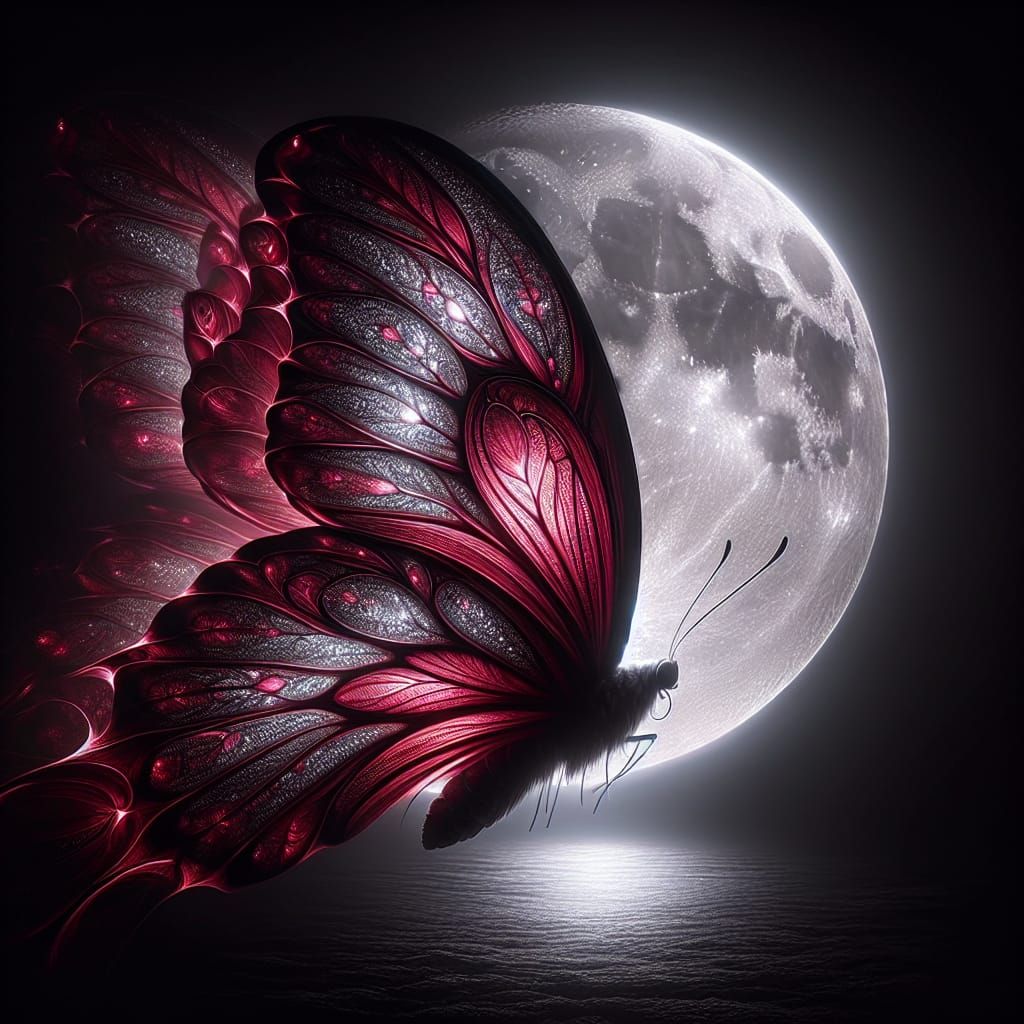 Crimson Butterfly in Moonlit Night