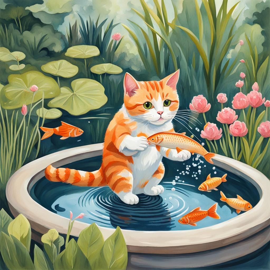 Cat Fishing in Garden Pond: Gouache Painting