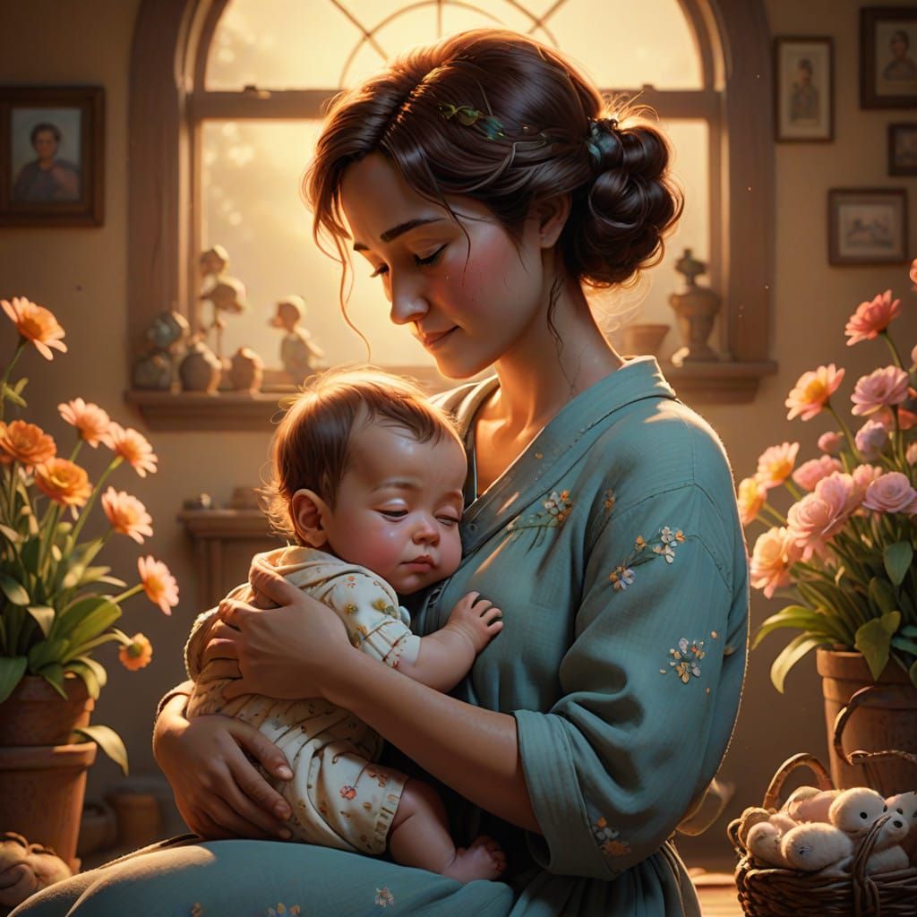 Mother and Child in Serene Sunset Glow