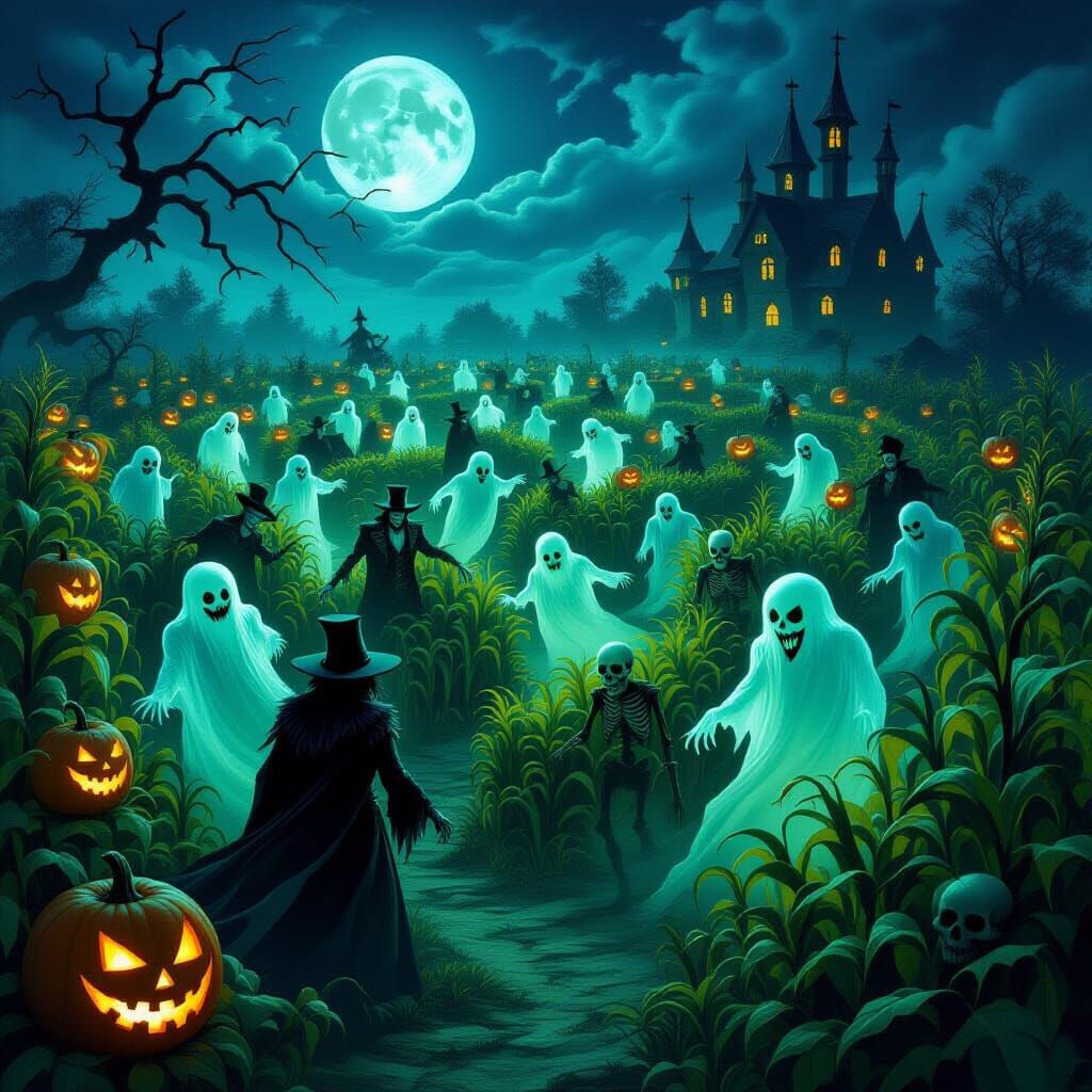 Spooky Corn Maze at Night with Monsters