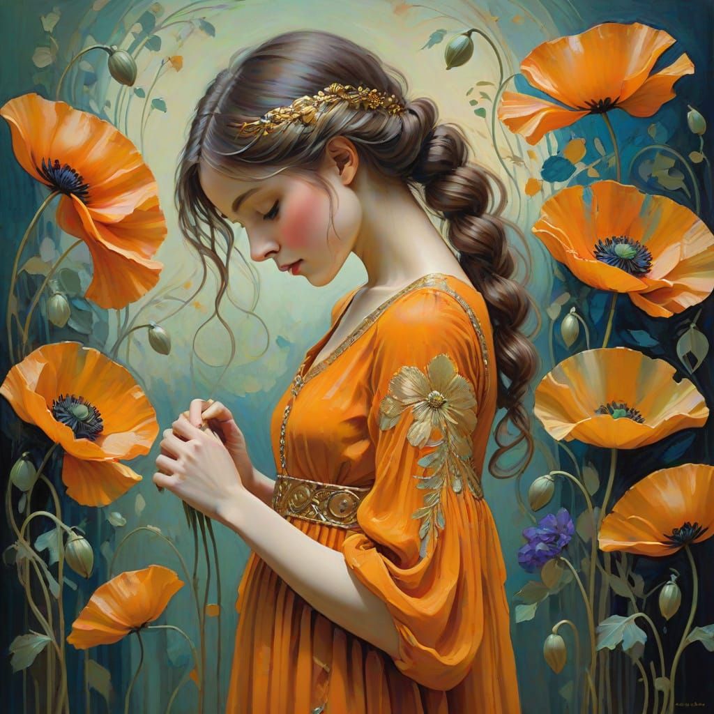 Elegant Girl in Orange Dress Under Art Nouveau Poppy