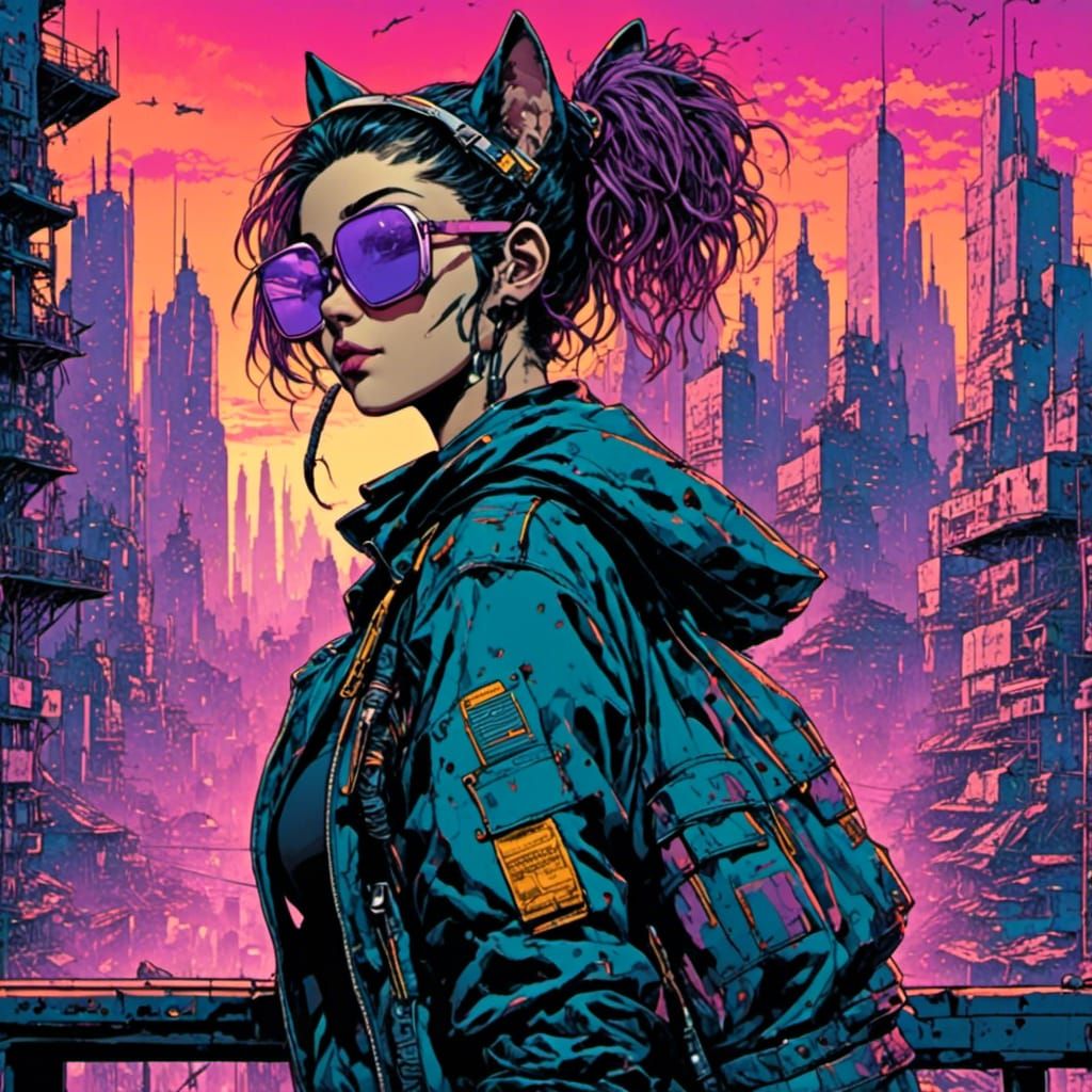 Cyberpunk Catgirl in Cityscape