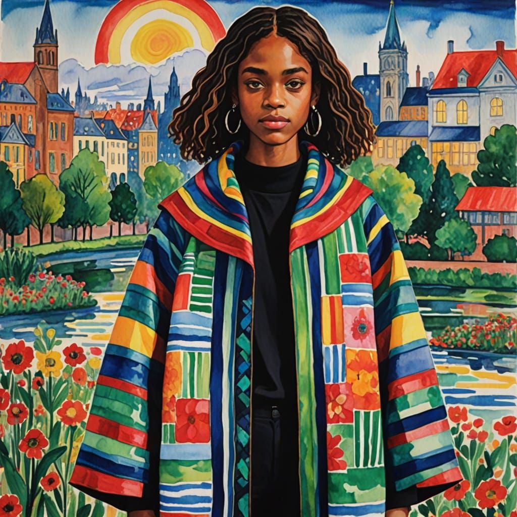 Kidcore Cloak in Liminal City, Watercolor Style