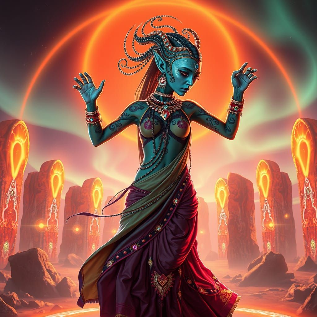 Ethereal Female Alien Dances Amidst Glowing Megaliths