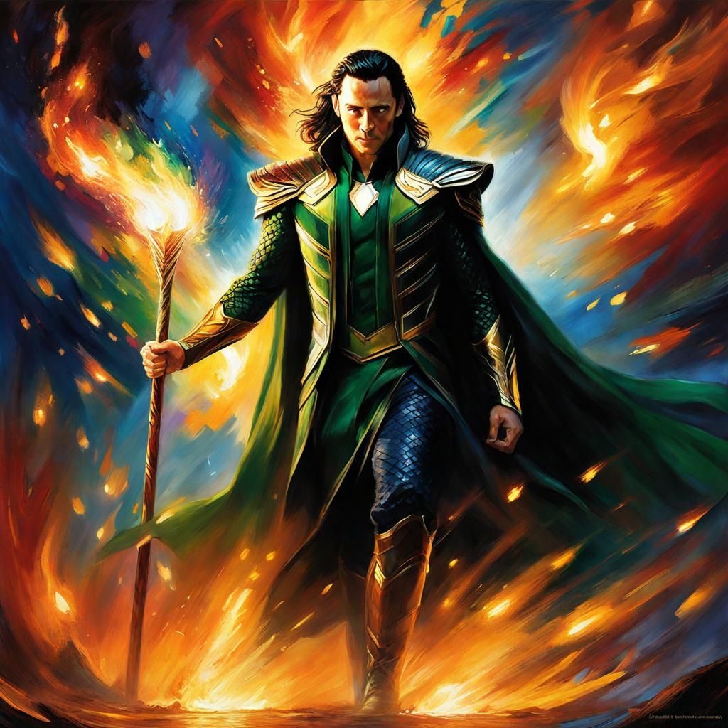 Loki Walking Through Fire in Afremov Style