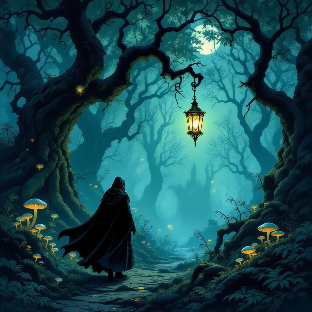 Mysterious Elf in Bioluminescent Forest