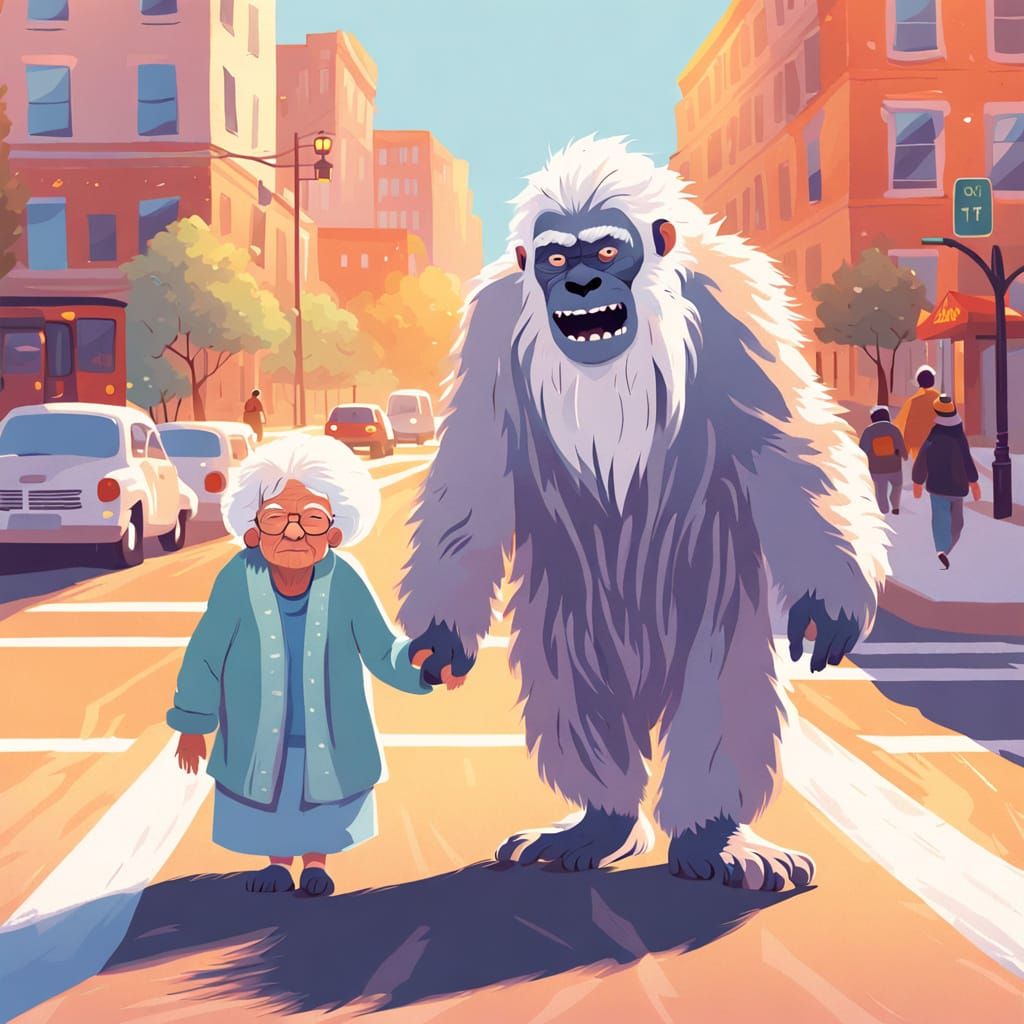 Yeti Helping Elderly Woman: Whimsical Pastel Illustration