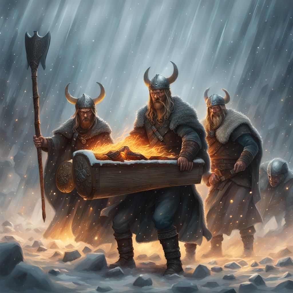 Hyperrealistic Viking Funeral in Snowstorm
