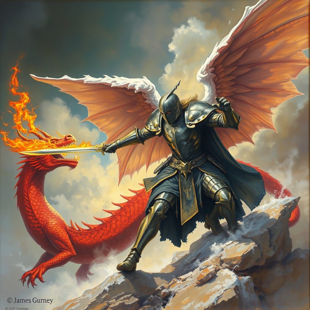 Angel Battles Red Dragon in Fiery Oil Painting