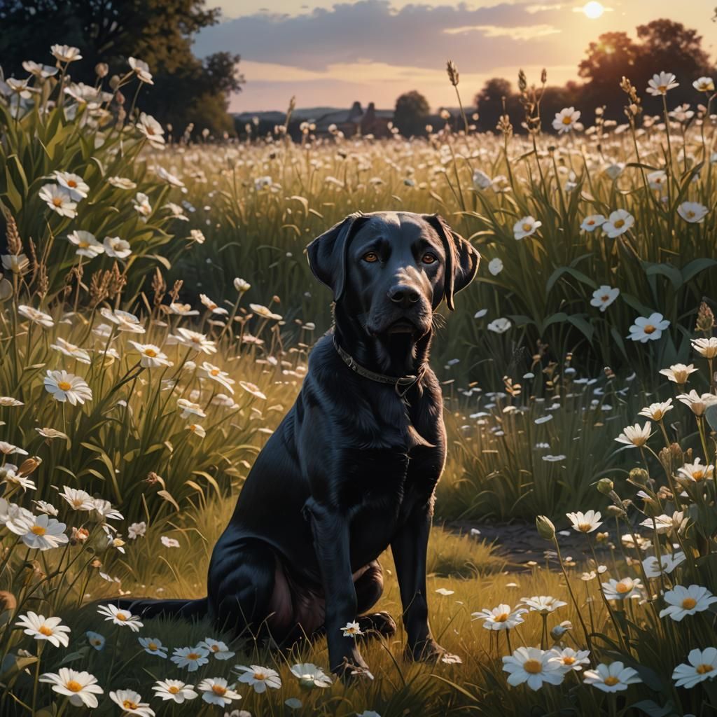 Black Labrador in Field at Sunset: Photorealistic Art