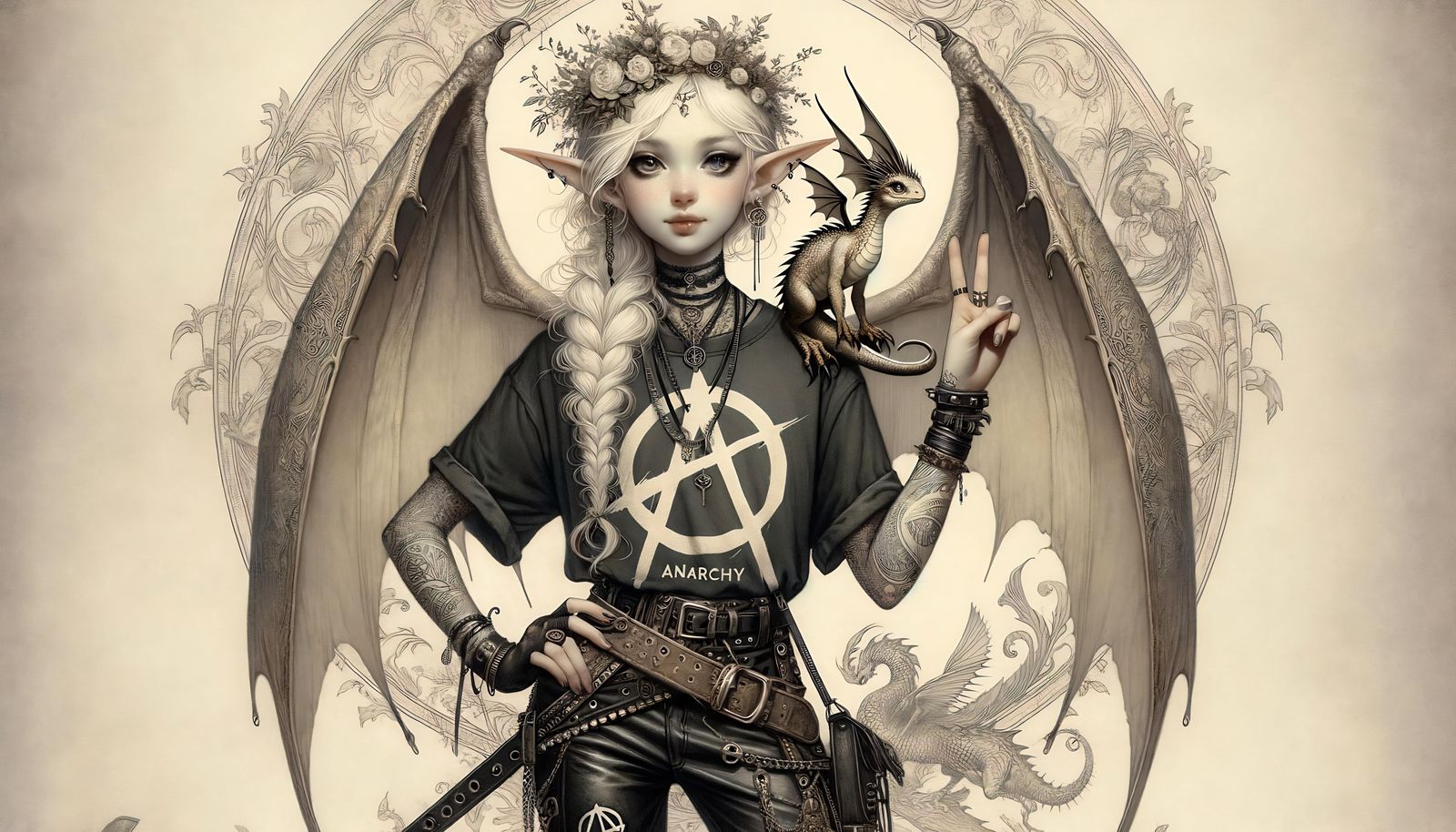 Elf Queen in Anarcho-Punk Style with Dragon