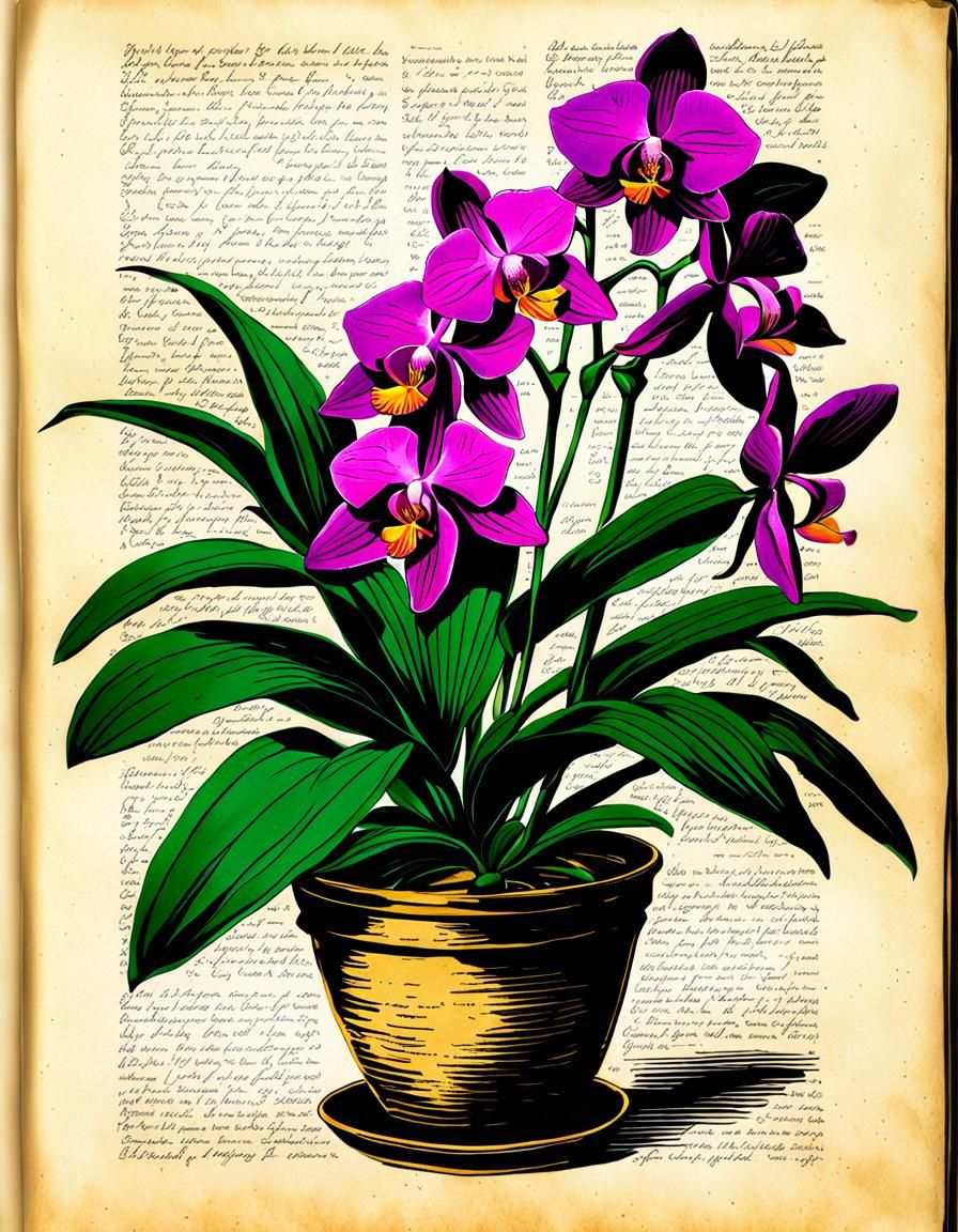 Orchid Plant in Colored Ink Drawing on Old Paper