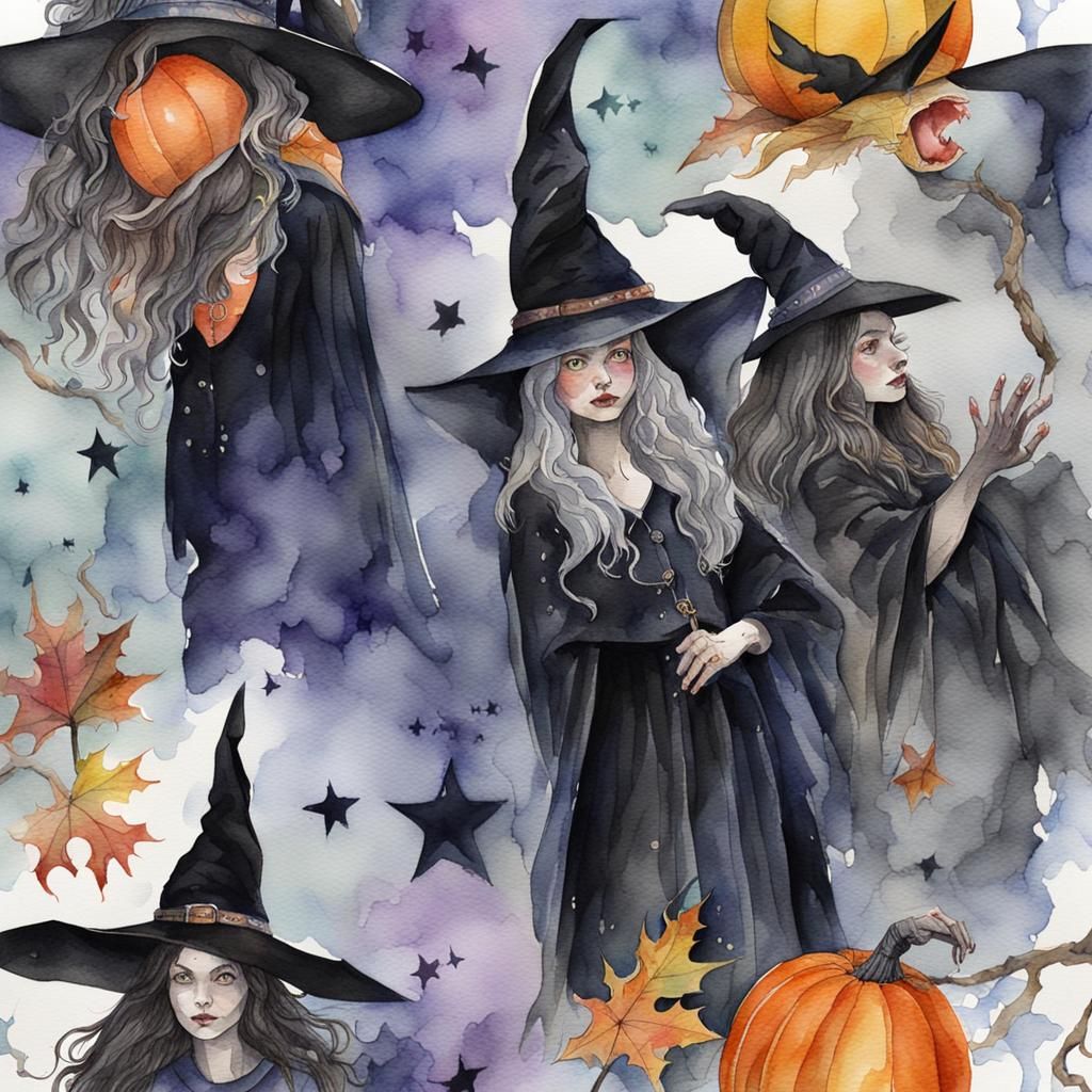 Detailed Witches in Watercolor Painting
