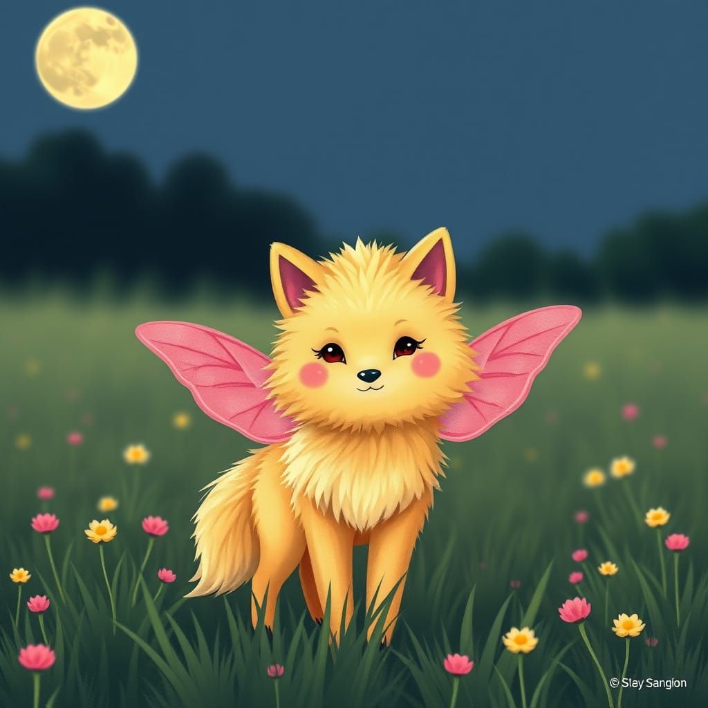 Kawaii Wolf with Rosy Maple Moth Wings under Full Moon