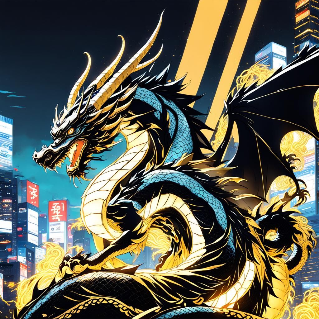 Chinese Dragon Over Tokyo in Anime Style