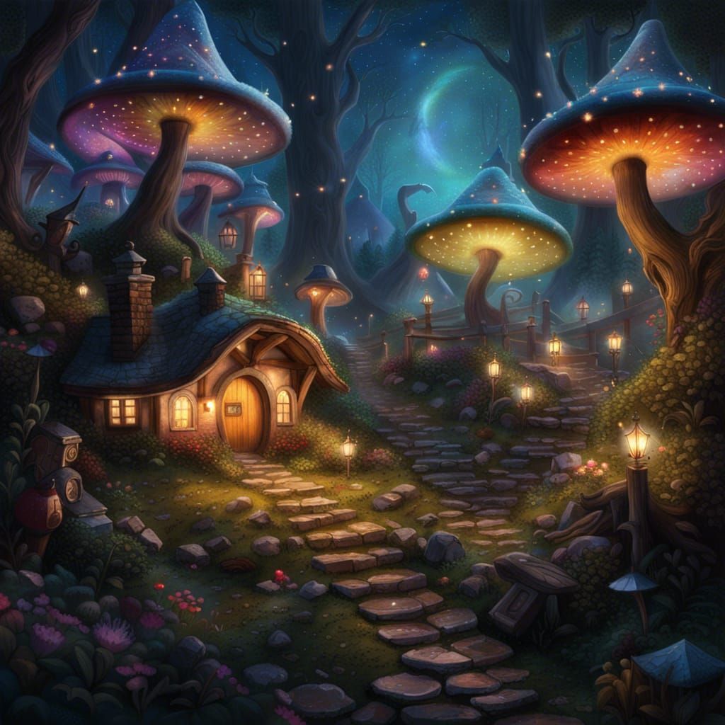 Miniature Hobbit Fairy Village Under Starry Sky