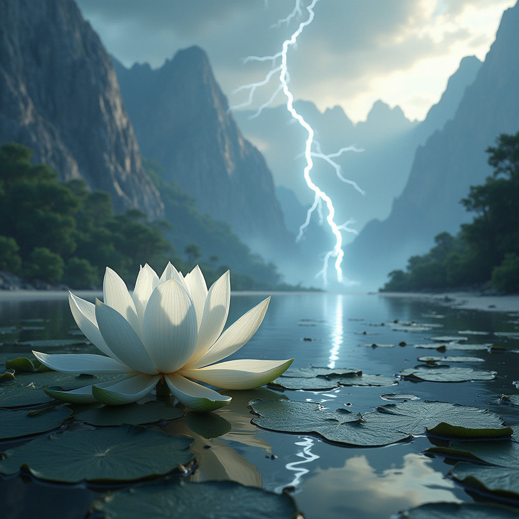 Lotus Flower Blooms as Lightning Strikes: Fantasy Art