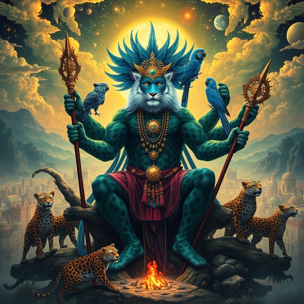 Leopard Shaman on Tree Throne in Celestial Cityscape