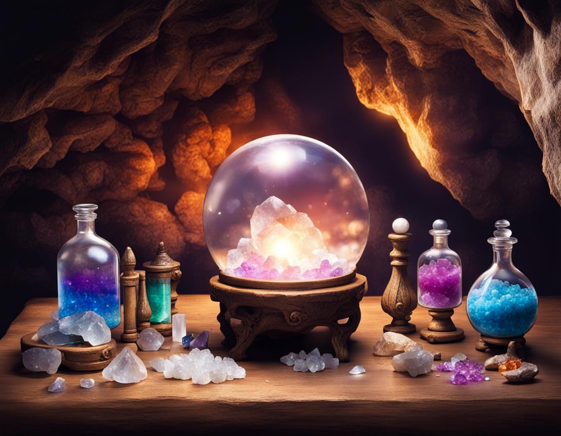 Mystical Cave with Magic Potions and Crystals