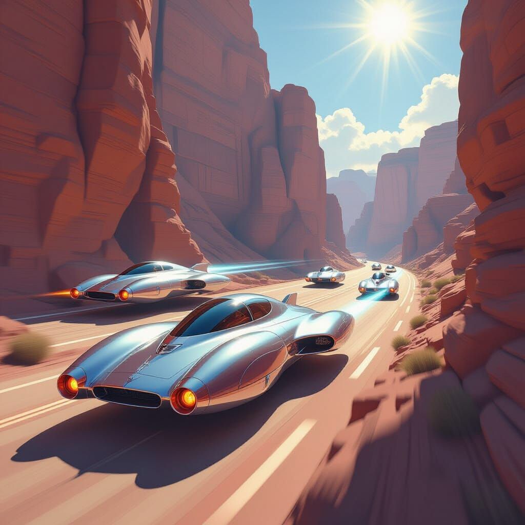 Chrome Spaceships Race Through Desert Canyon