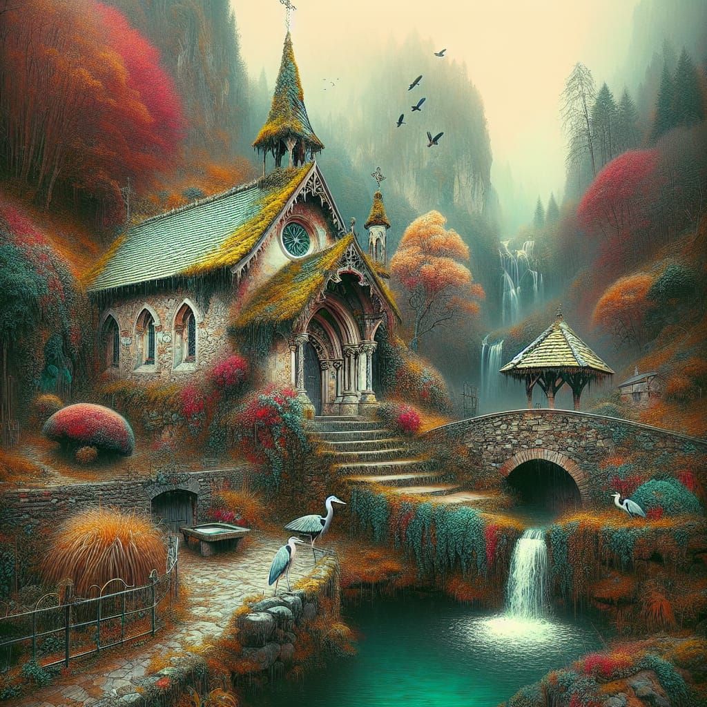 Ethereal Medieval Church in Autumn Haze