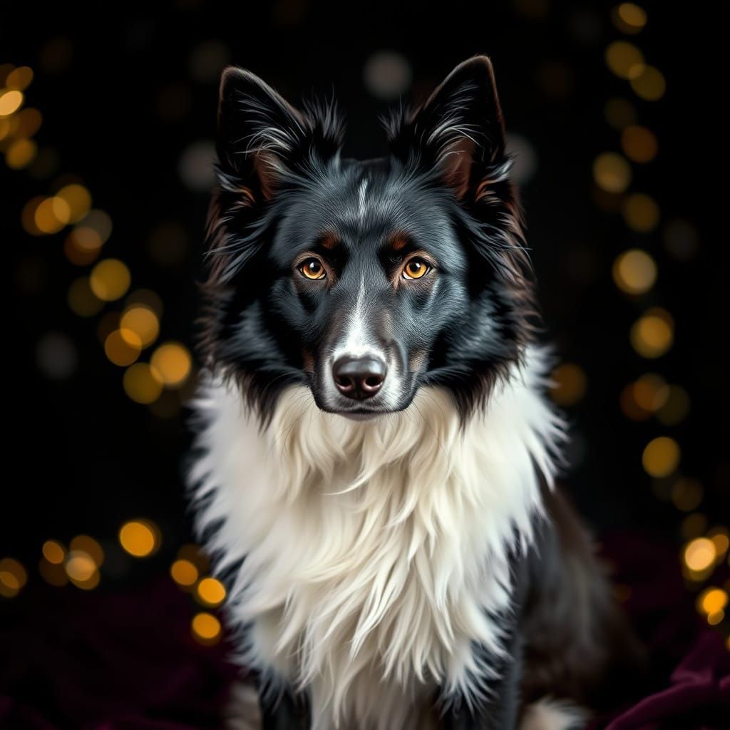 A Border Collie dog sitting on a dark background, with twink...