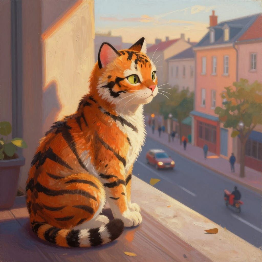 Tabby Cat on Balcony at Sunset, Digital Painting