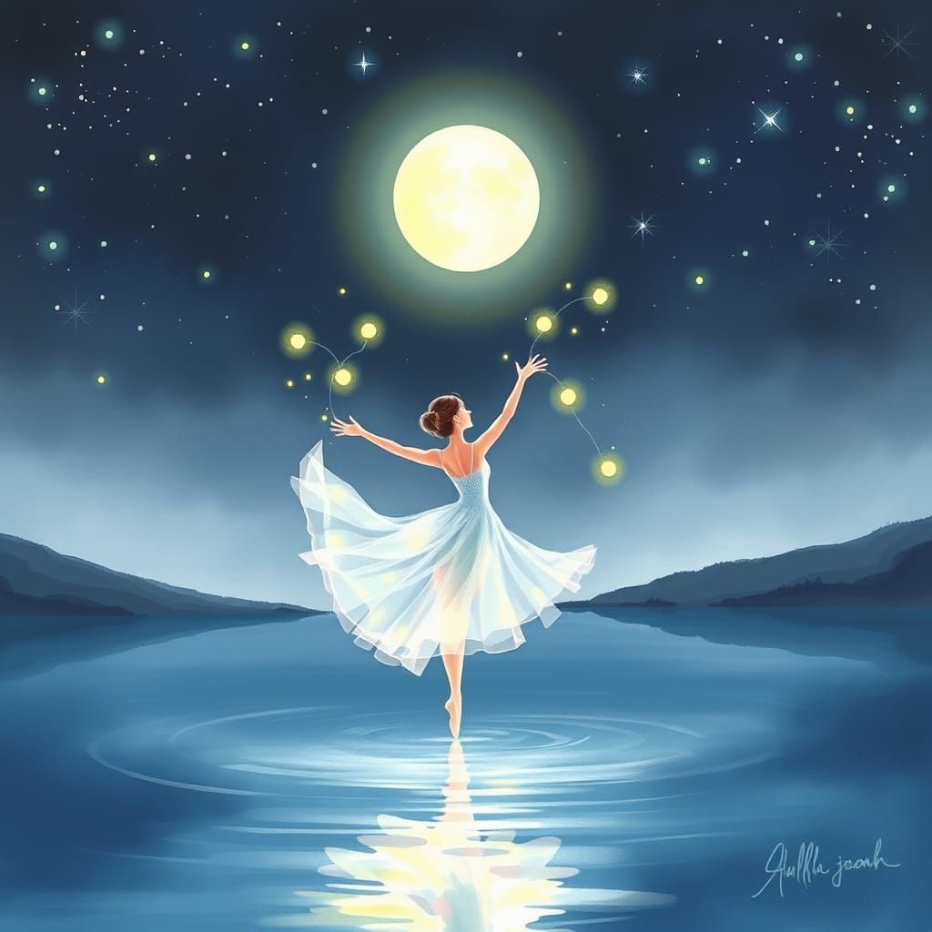 An ethereal ballerina dances on a moonlit lake