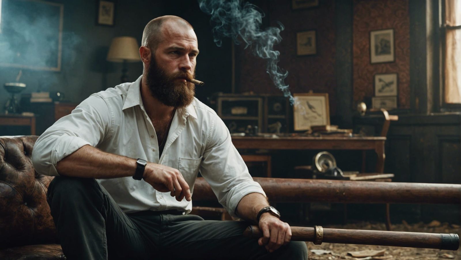 Cinematic Skinhead with Cigar and Baseball Bat