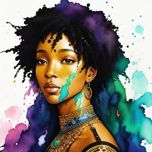 African American Women in Watercolor Ink Drawing