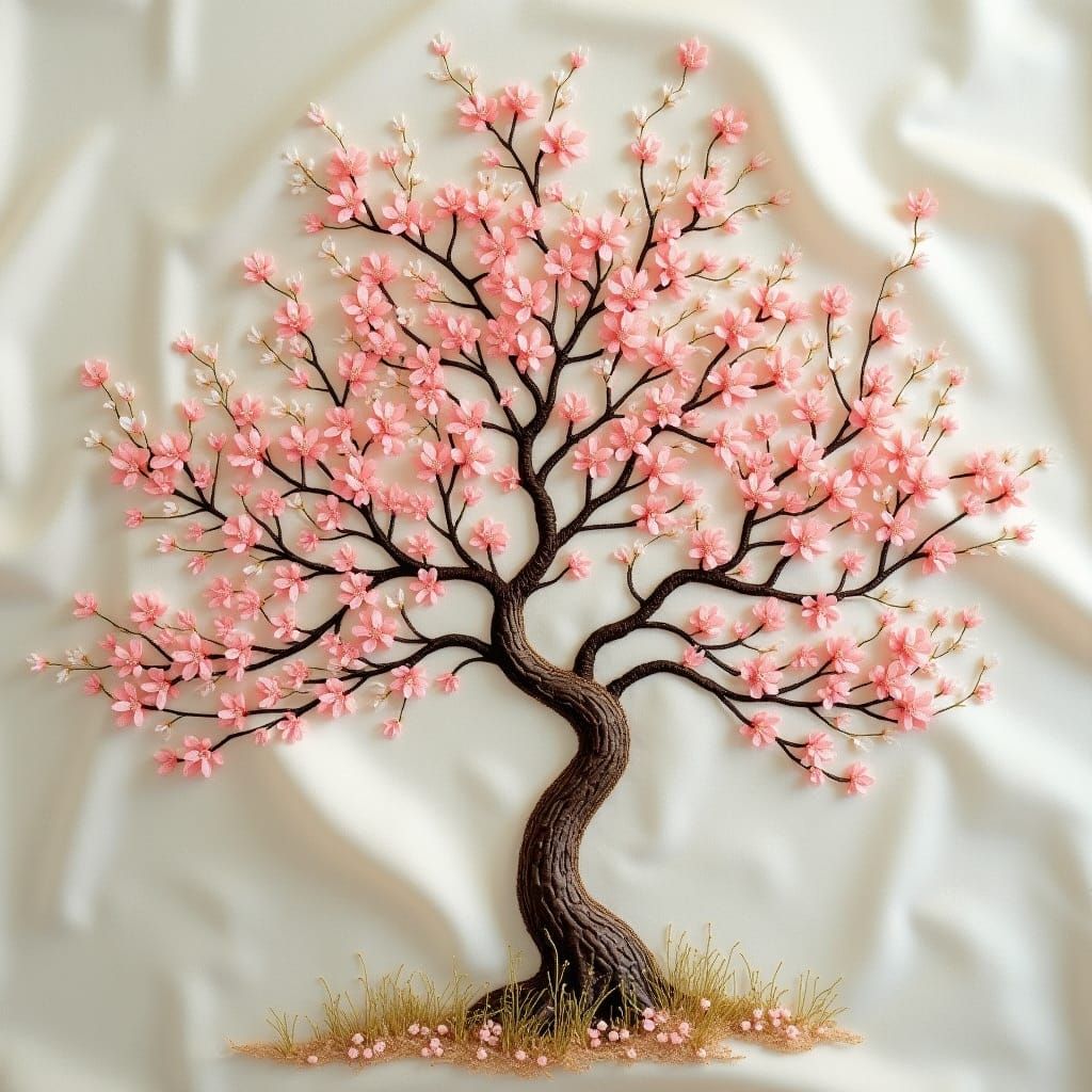 Embroidered Sakura Tree on Silk in Japanese Style