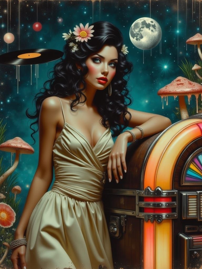 Surreal Lunar Lounge Portrait in Mixed Media Style