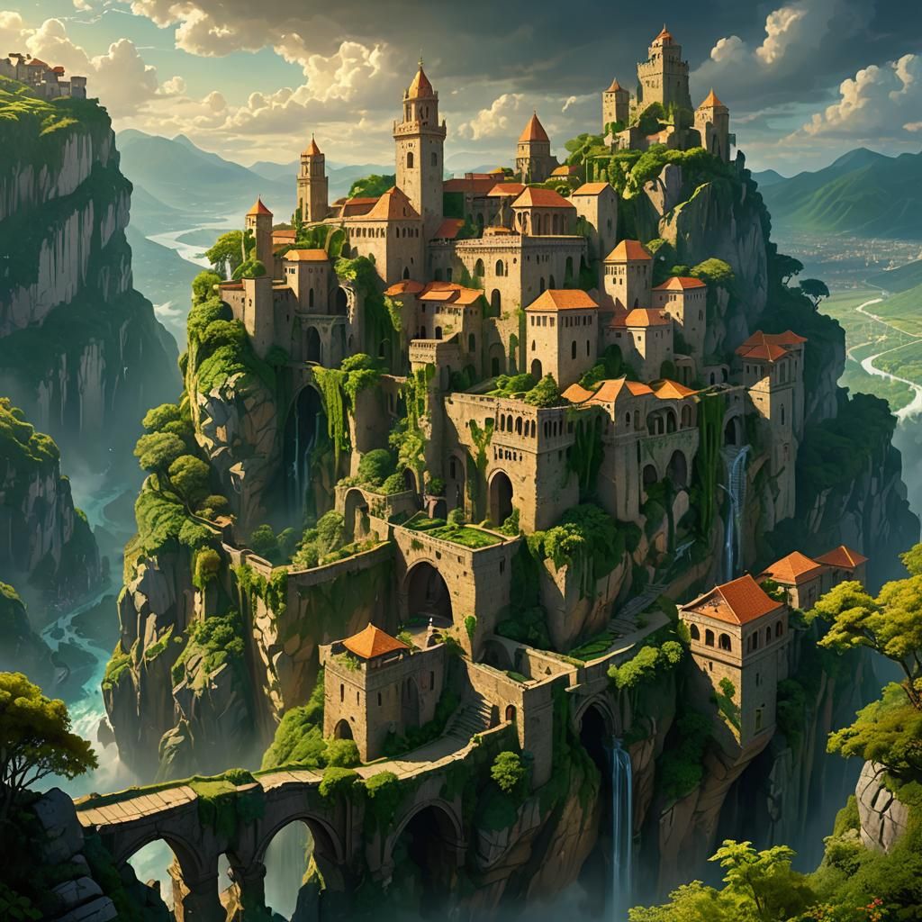 Lush Cityscape on Cliff Face in Fantasy Art